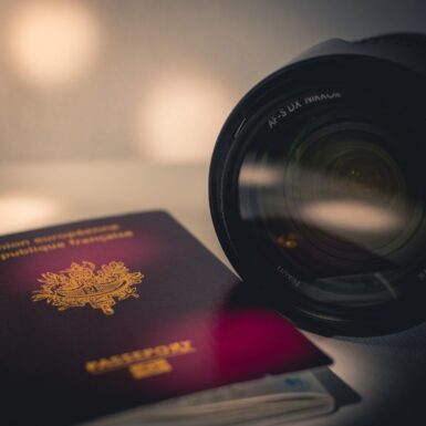 black camera lens on book